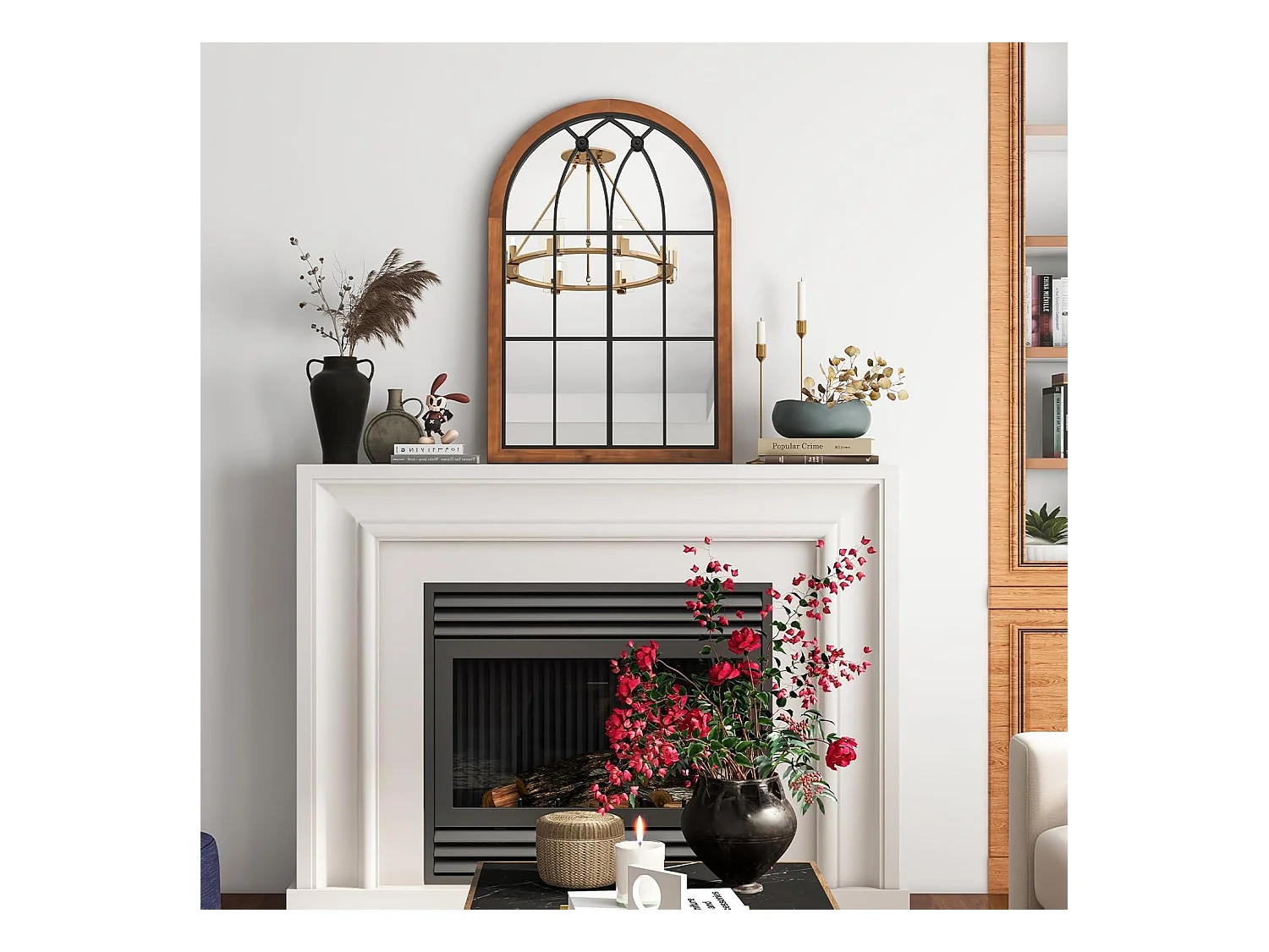 Wandspiegel met raamlook, boogspiegel, vintage, 60 x 90 cm, raamspiegel, decoratieve spiegel,decoratieve hangspiegel voor hal,metalen frame, rustiek bruinTL32388