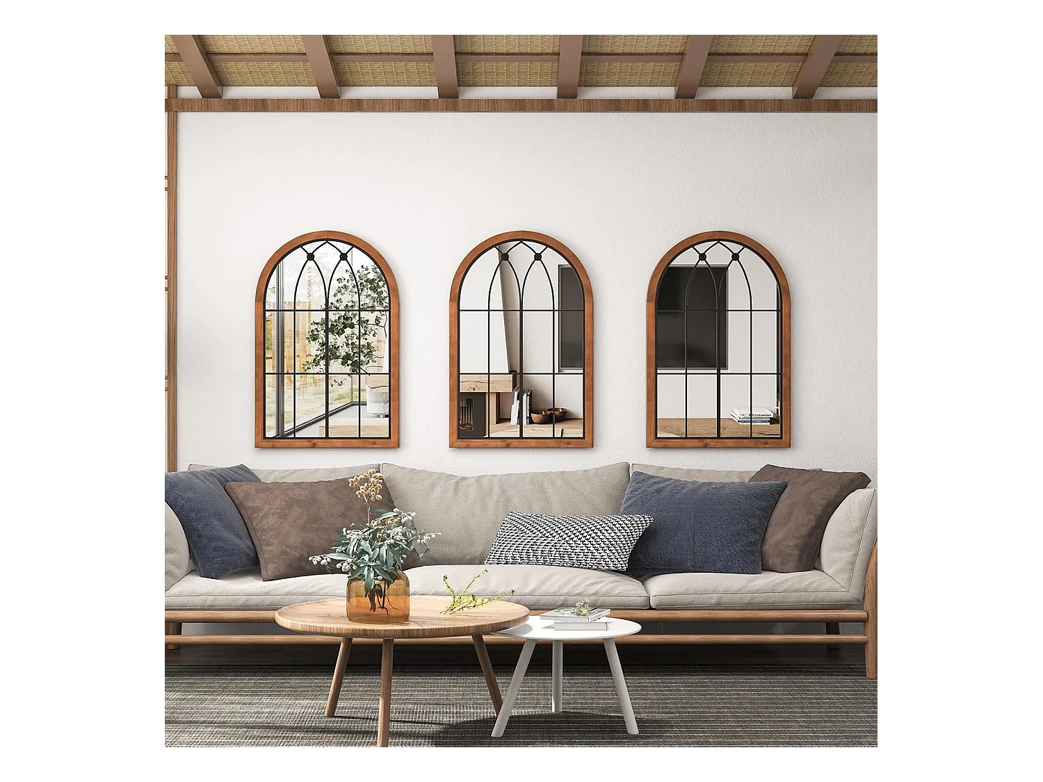 Wandspiegel met raamlook, boogspiegel, vintage, 60 x 90 cm, raamspiegel, decoratieve spiegel,decoratieve hangspiegel voor hal,metalen frame, rustiek bruinTL32388