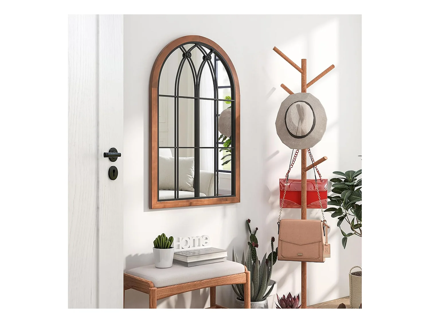 Wandspiegel met raamlook, boogspiegel, vintage, 60 x 90 cm, raamspiegel, decoratieve spiegel,decoratieve hangspiegel voor hal,metalen frame, rustiek bruinTL32388