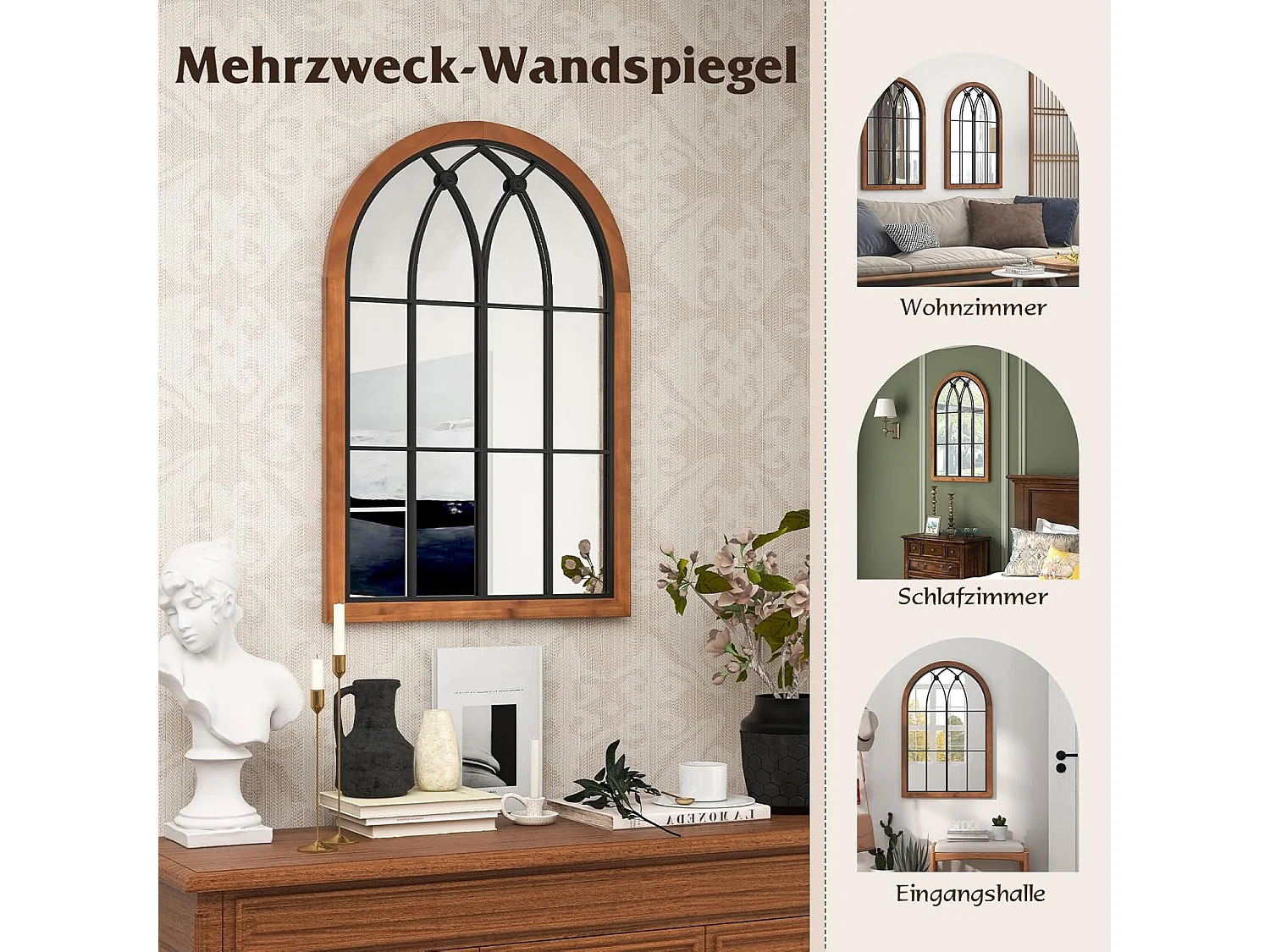 Wandspiegel met raamlook, boogspiegel, vintage, 60 x 90 cm, raamspiegel, decoratieve spiegel,decoratieve hangspiegel voor hal,metalen frame, rustiek bruinTL32388