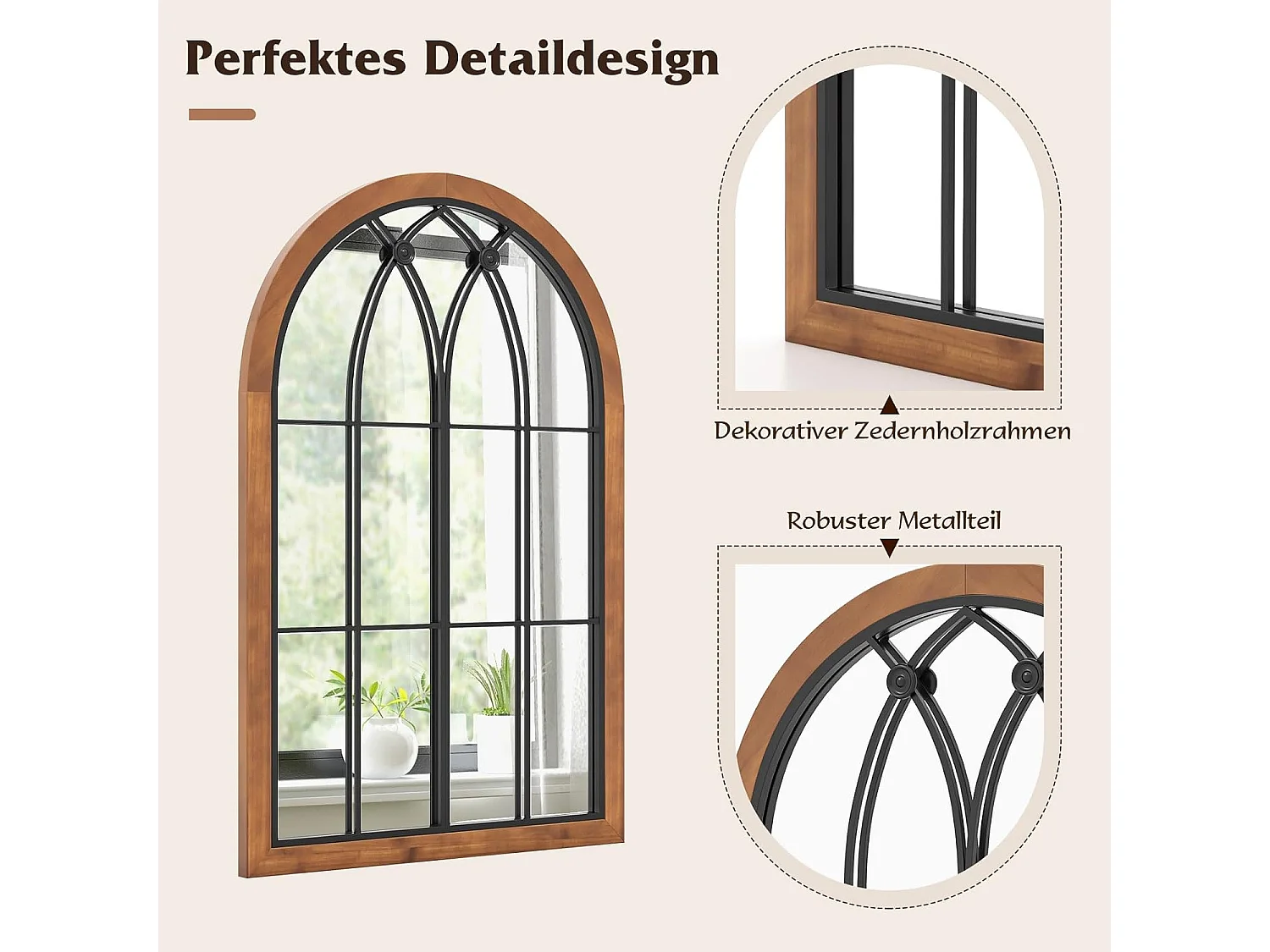 Wandspiegel met raamlook, boogspiegel, vintage, 60 x 90 cm, raamspiegel, decoratieve spiegel,decoratieve hangspiegel voor hal,metalen frame, rustiek bruinTL32388