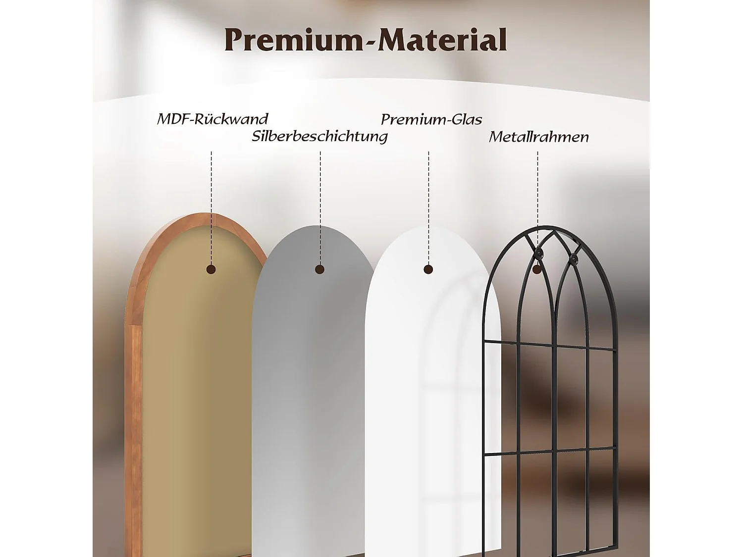 Wandspiegel met raamlook, boogspiegel, vintage, 60 x 90 cm, raamspiegel, decoratieve spiegel,decoratieve hangspiegel voor hal,metalen frame, rustiek bruinTL32388