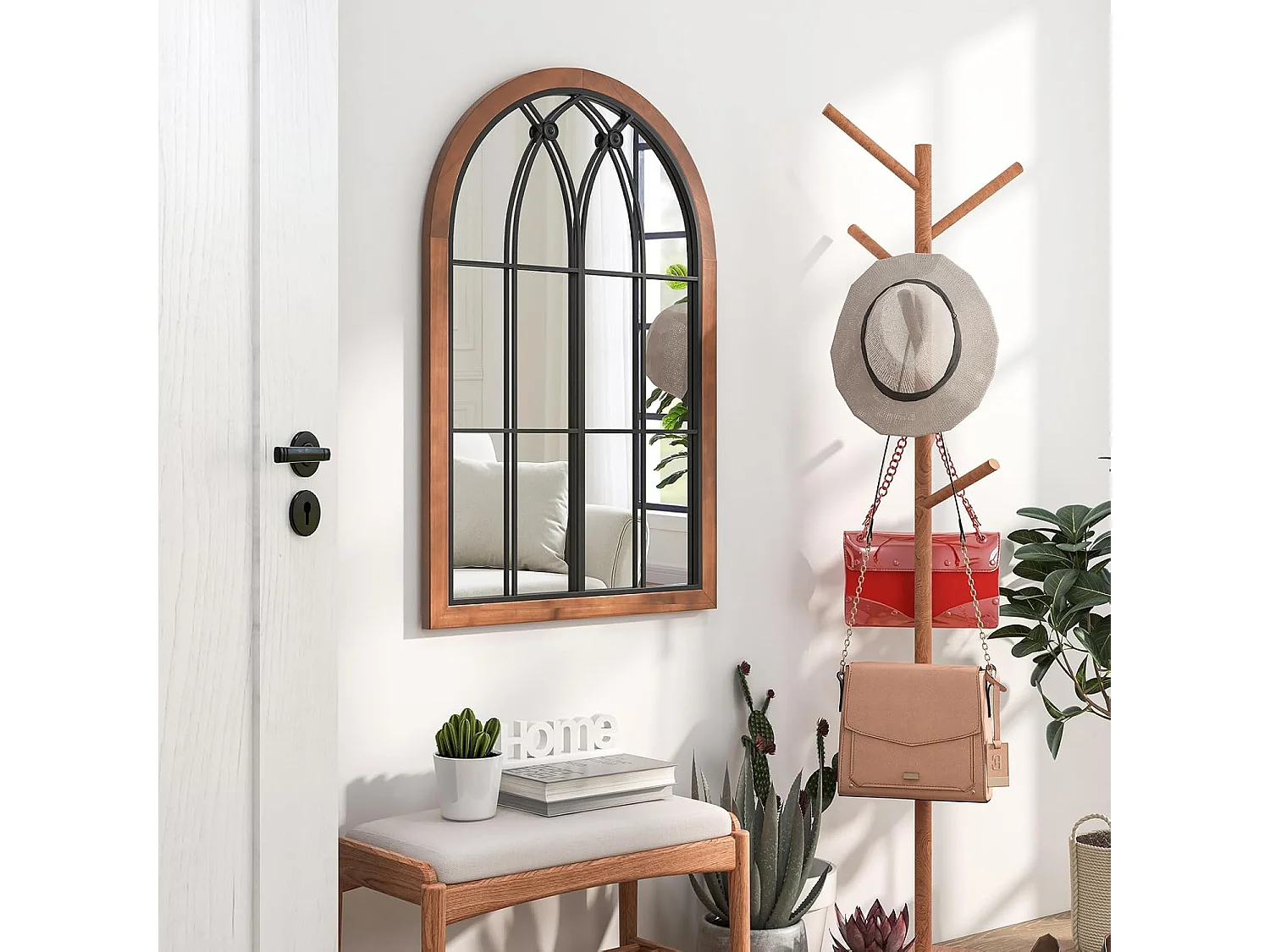 Wandspiegel met raamlook, boogspiegel, vintage, 60 x 90 cm, raamspiegel, decoratieve spiegel,decoratieve hangspiegel voor hal,metalen frame, rustiek bruinTL32388