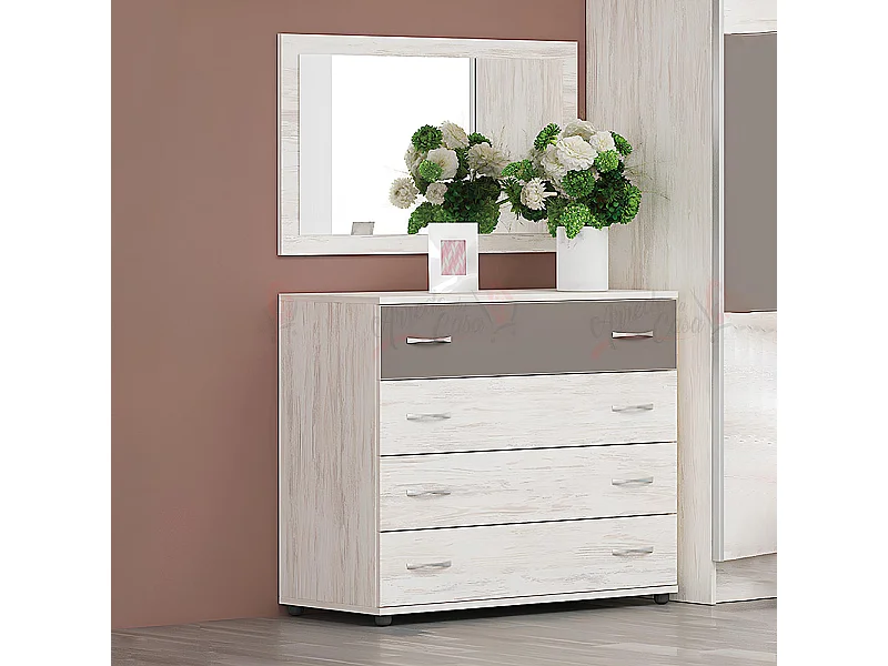 Cassettiera per camera da letto con 4 cassetti quercia bianca e cappuccino CG7