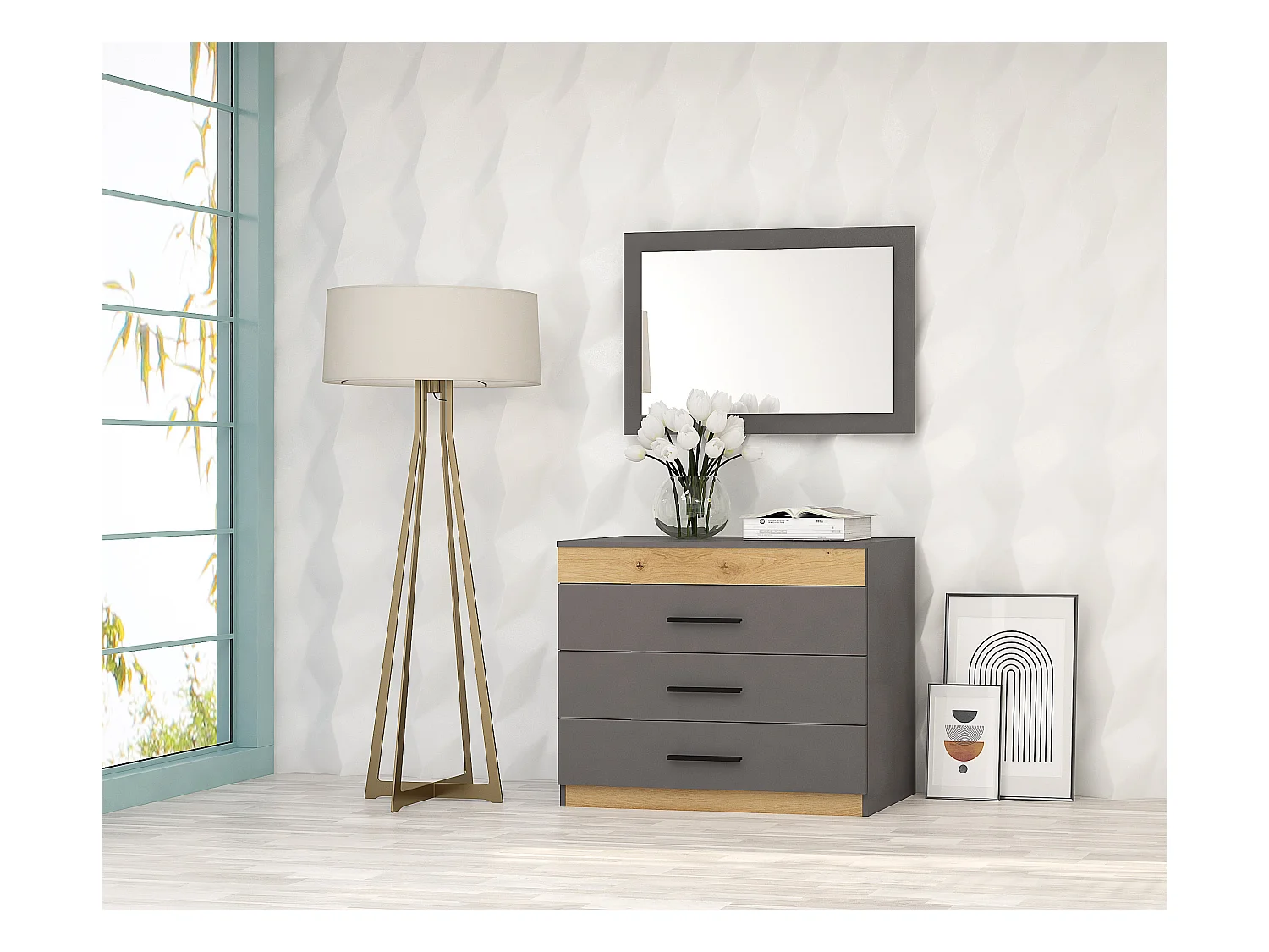 Cassettiera moderna per camera da letto con 3 cassetti in grigio grafite e rovere CG27