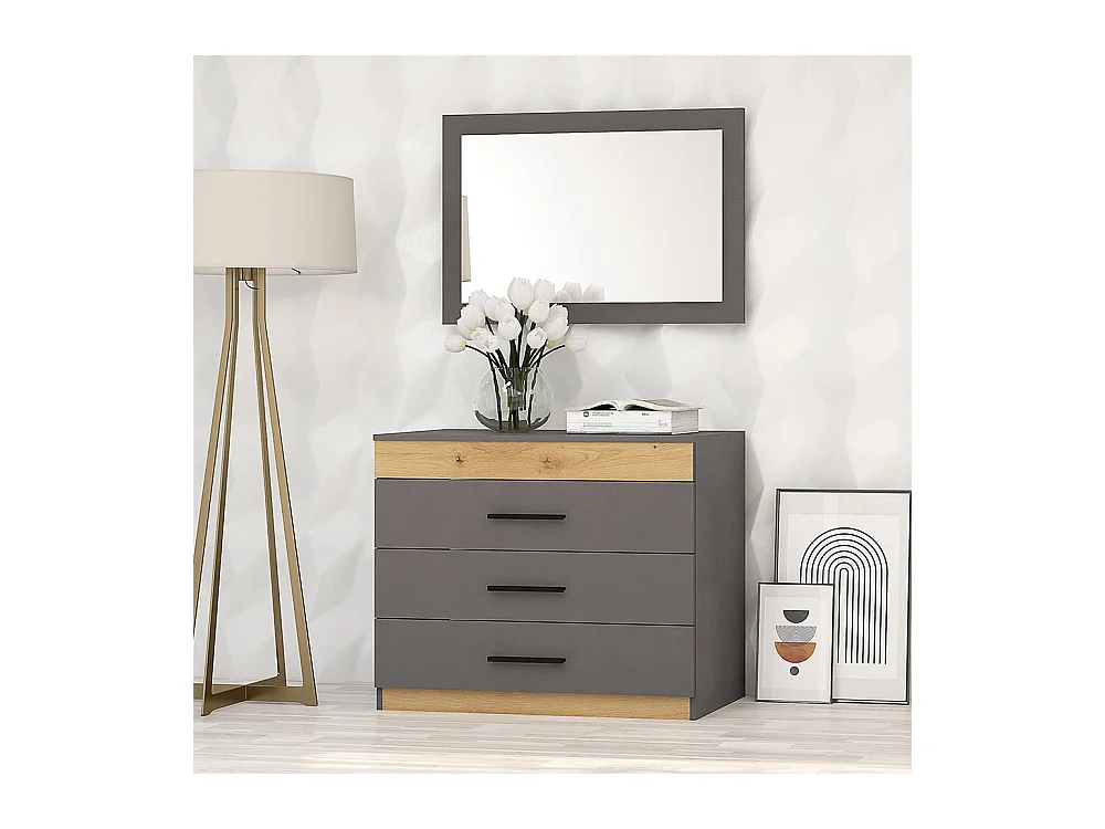 Cassettiera moderna per camera da letto con 3 cassetti in grigio grafite e rovere CG27