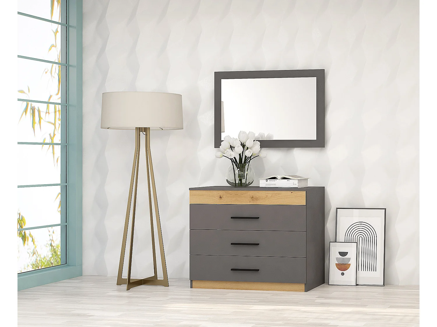 Cassettiera moderna per camera da letto con 3 cassetti in grigio grafite e rovere CG27