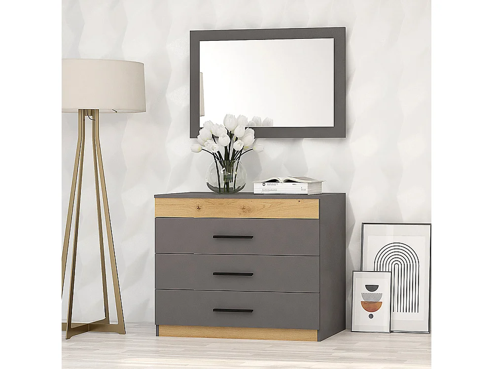 Cassettiera moderna per camera da letto con 3 cassetti in grigio grafite e rovere CG27