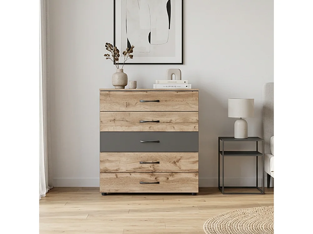 comò da camera da notte design moderno con cinque cassetti CG5 80x91 rovere e antracite