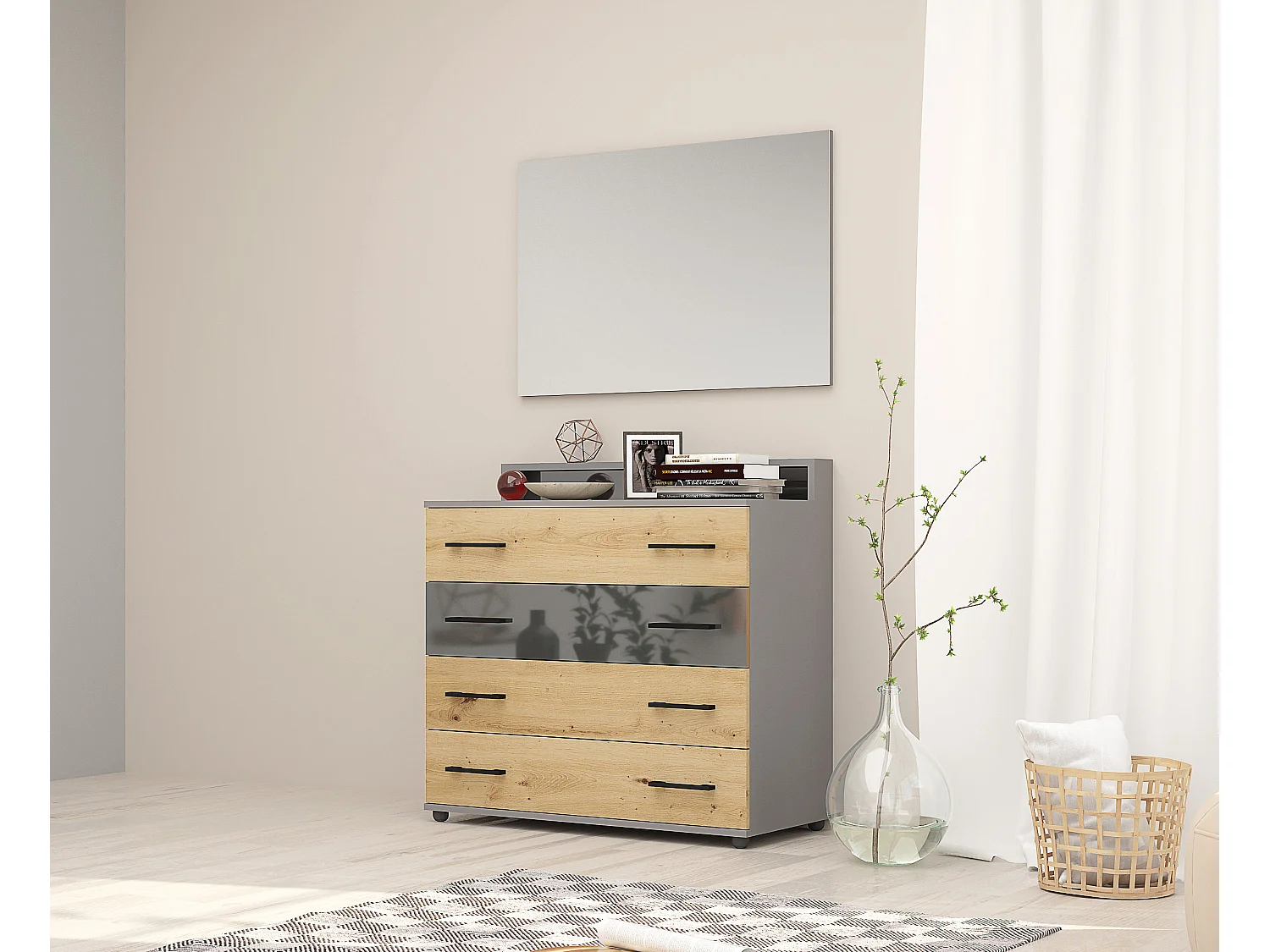 Cassettiera moderna con 4 cassetti rovere e grigio lucido CG31