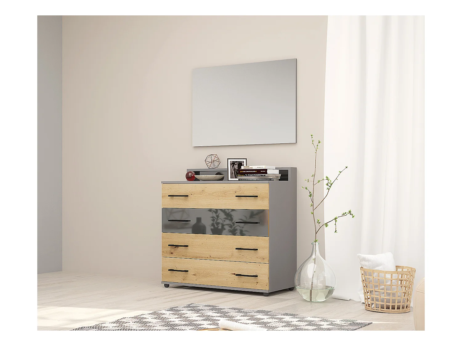 Cassettiera moderna con 4 cassetti rovere e grigio lucido CG31