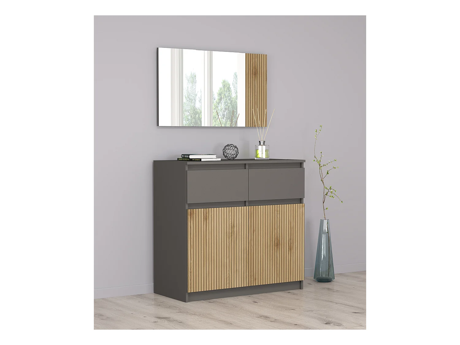 Comò moderno con ante e cassetti 90x86x43 cm in rovere cannettato e grafite CG44