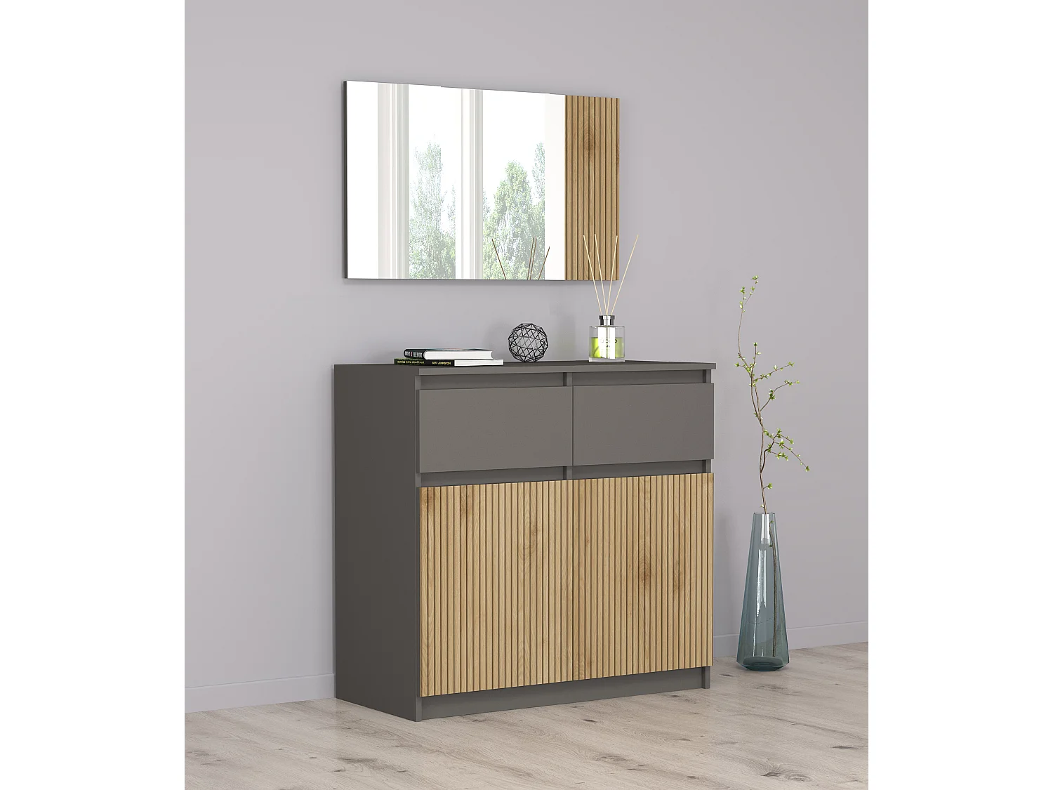 Comò moderno con ante e cassetti 90x86x43 cm in rovere cannettato e grafite CG44