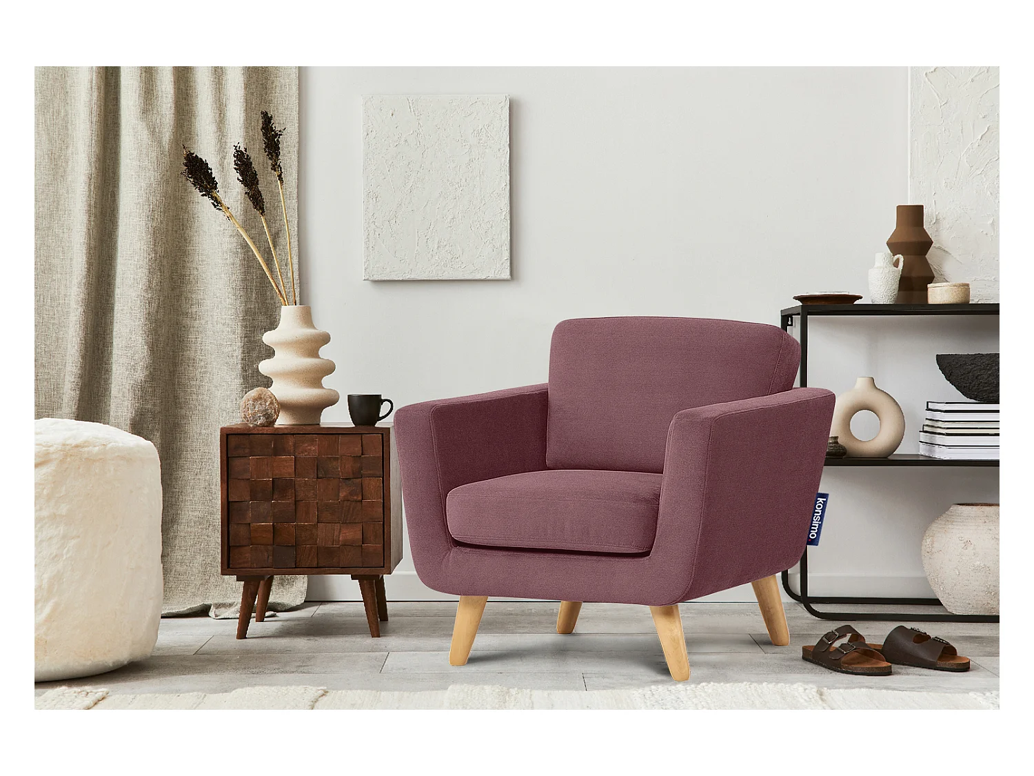 Fauteuil scandinave - pieds en bois massif - rose - TAGIO