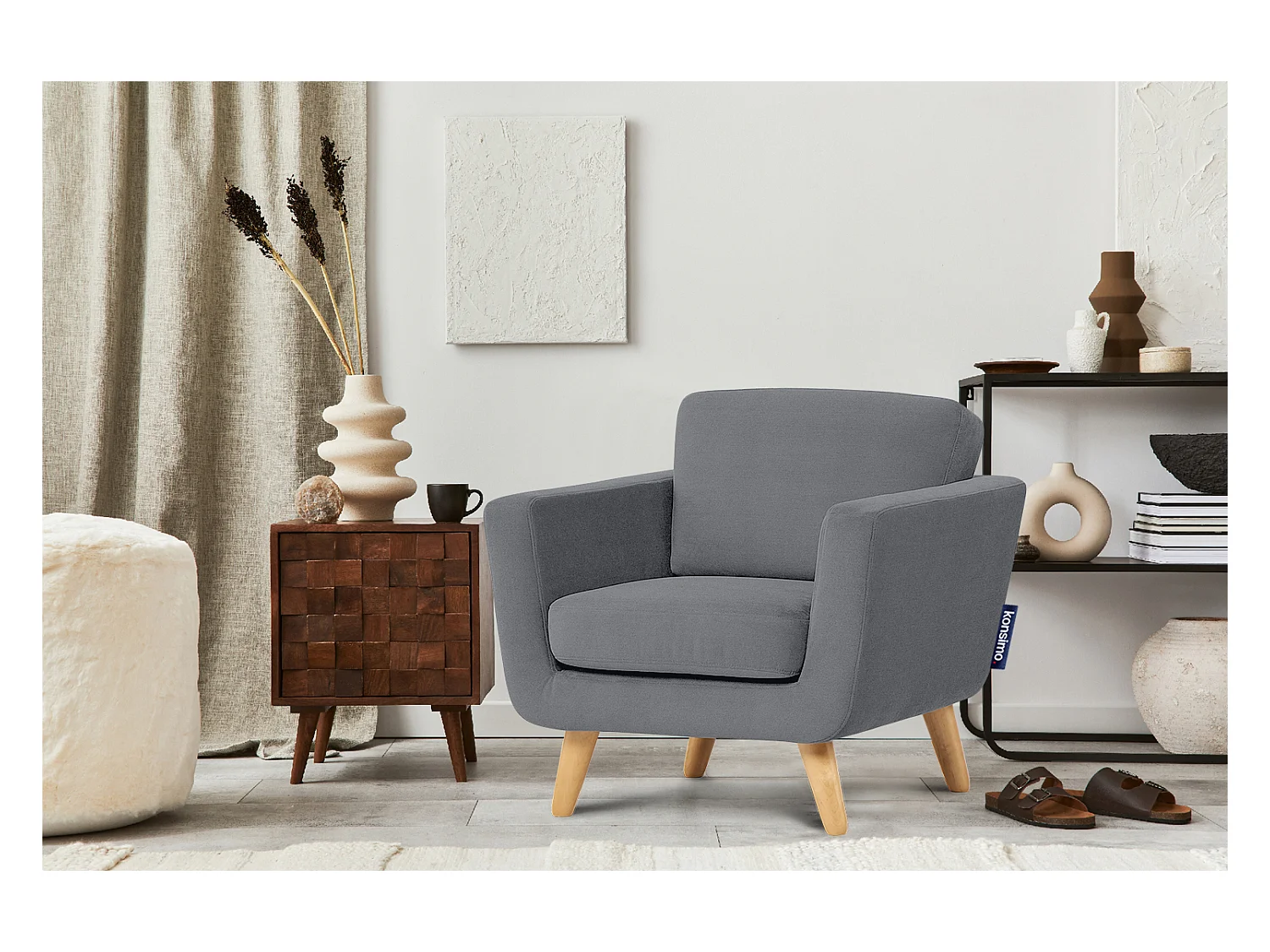 Fauteuil scandinave - pieds en bois massif - gris - TAGIO
