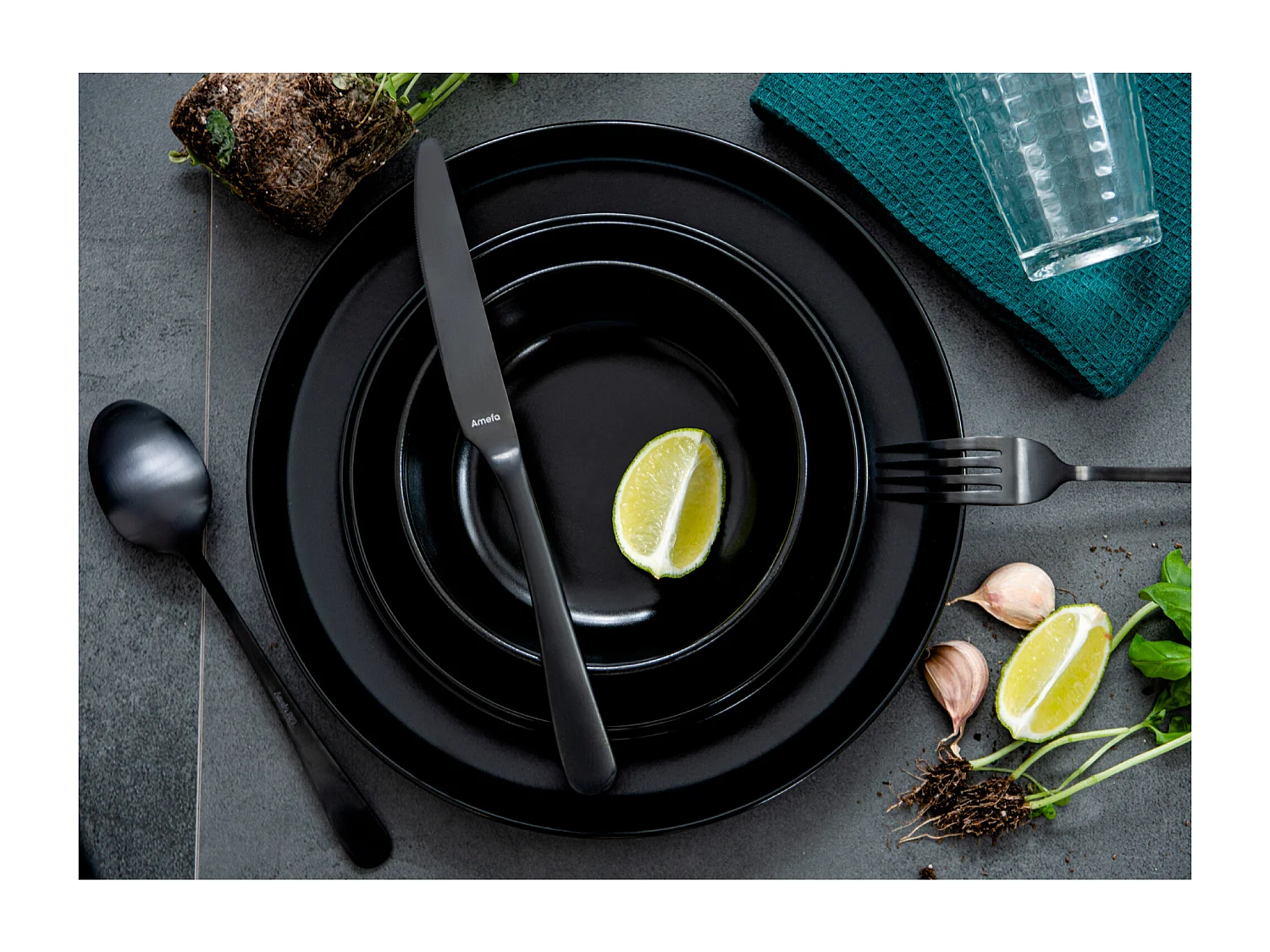 Service de table - Service vaisselle - 6 personnes 24 pièces - Noir - VICTO