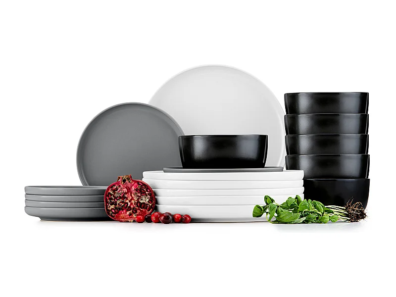Service de table - Service vaisselle - avec Bol 18 pièces - Blanc, Noir, Gris - VICTO