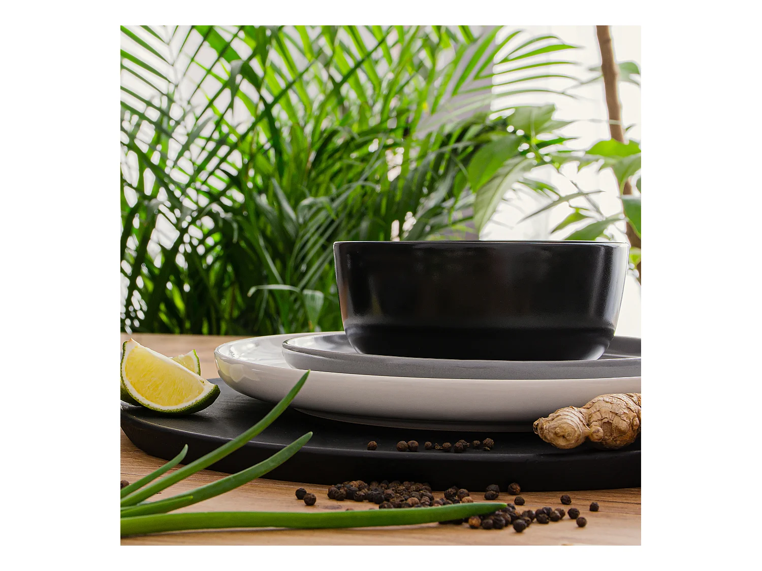 Service de table - Service vaisselle - avec Bol 18 pièces - Blanc, Noir, Gris - VICTO