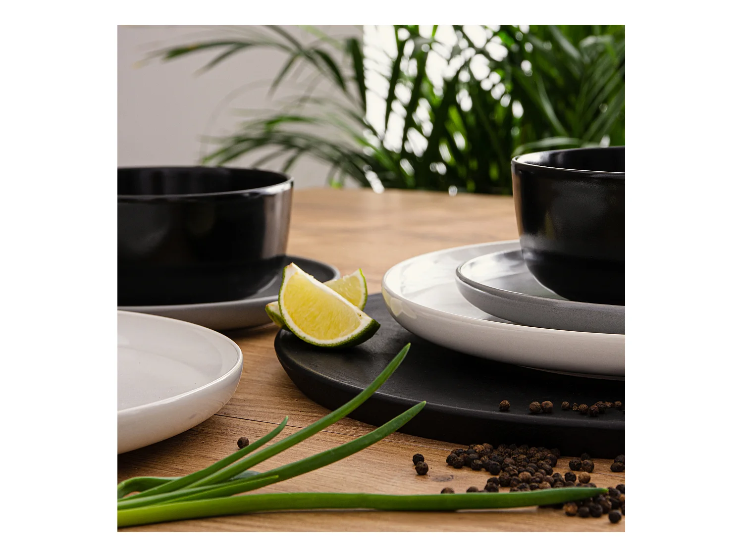 Service de table - Service vaisselle - avec Bol 18 pièces - Blanc, Noir, Gris - VICTO