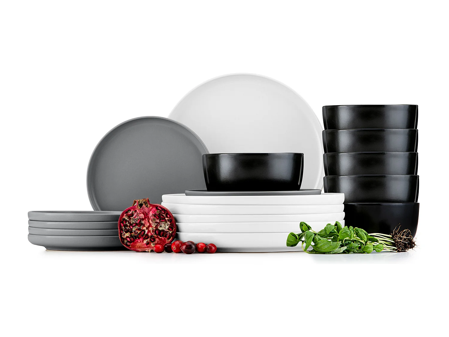 Service de table - Service vaisselle - avec Bol 18 pièces - Blanc, Noir, Gris - VICTO