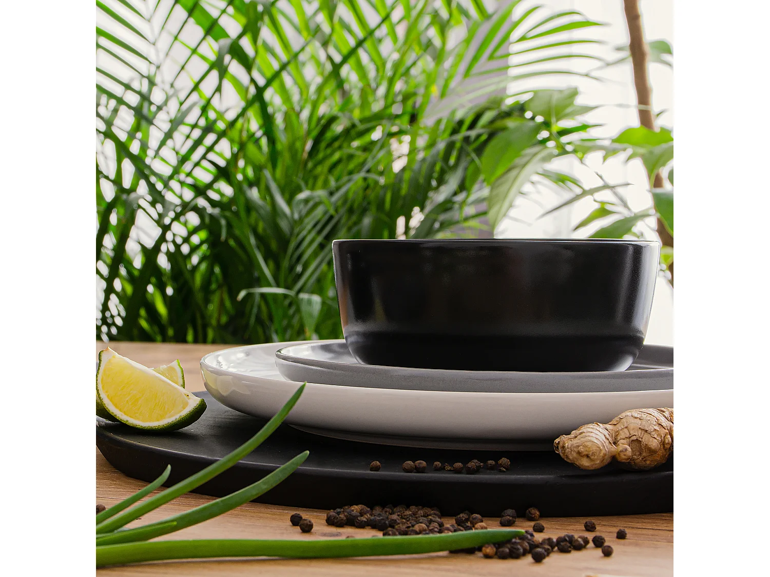 Service de table - Service vaisselle - avec Bol 18 pièces - Blanc, Noir, Gris - VICTO