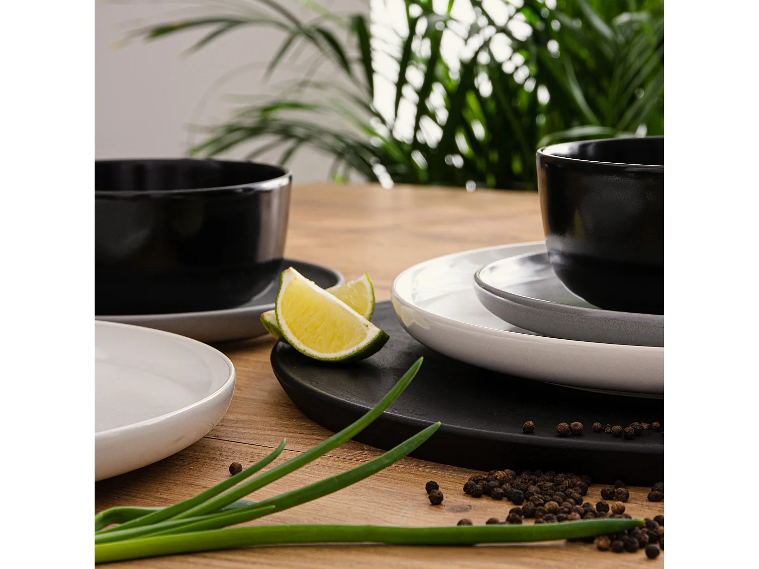 Service de table - Service vaisselle - avec Bol 18 pièces - Blanc, Noir, Gris - VICTO