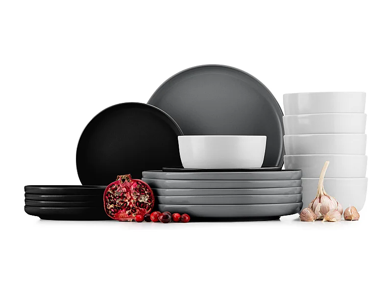 Service de table - Service vaisselle - avec Bol 18 pièces - Blanc, Noir, Gris - VICTO