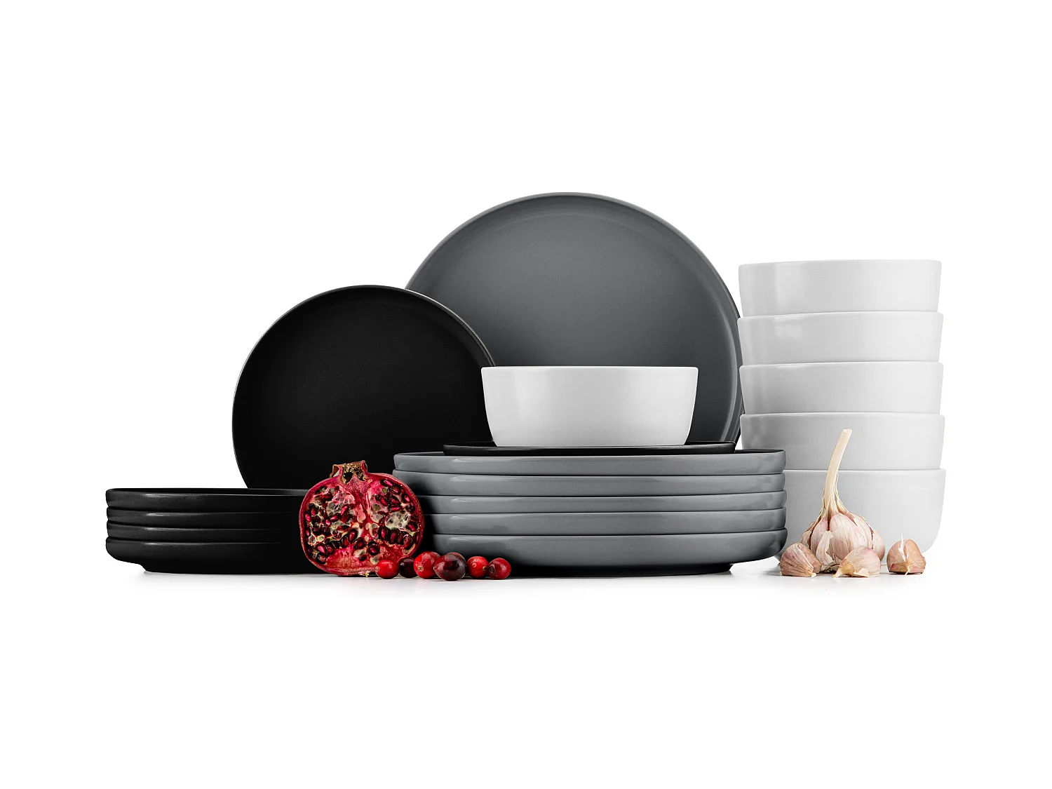 Service de table - Service vaisselle - avec Bol 18 pièces - Blanc, Noir, Gris - VICTO