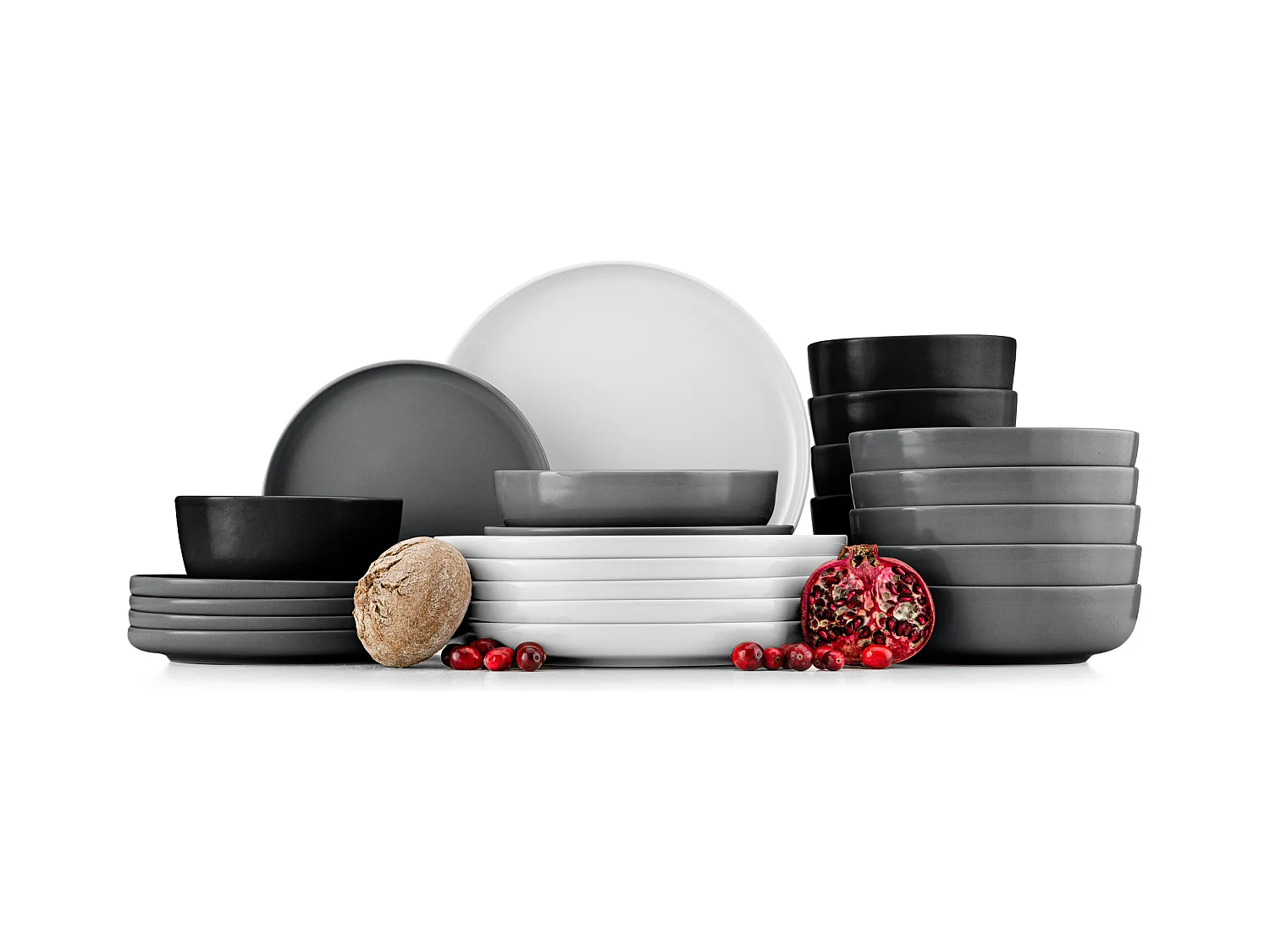 Service de table - Service vaisselle - 6 personnes 24 pièces - Blanc, Noir, Gris - VICTO