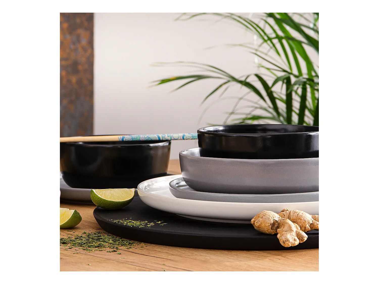 Service de table - Service vaisselle - 6 personnes 24 pièces - Blanc, Noir, Gris - VICTO