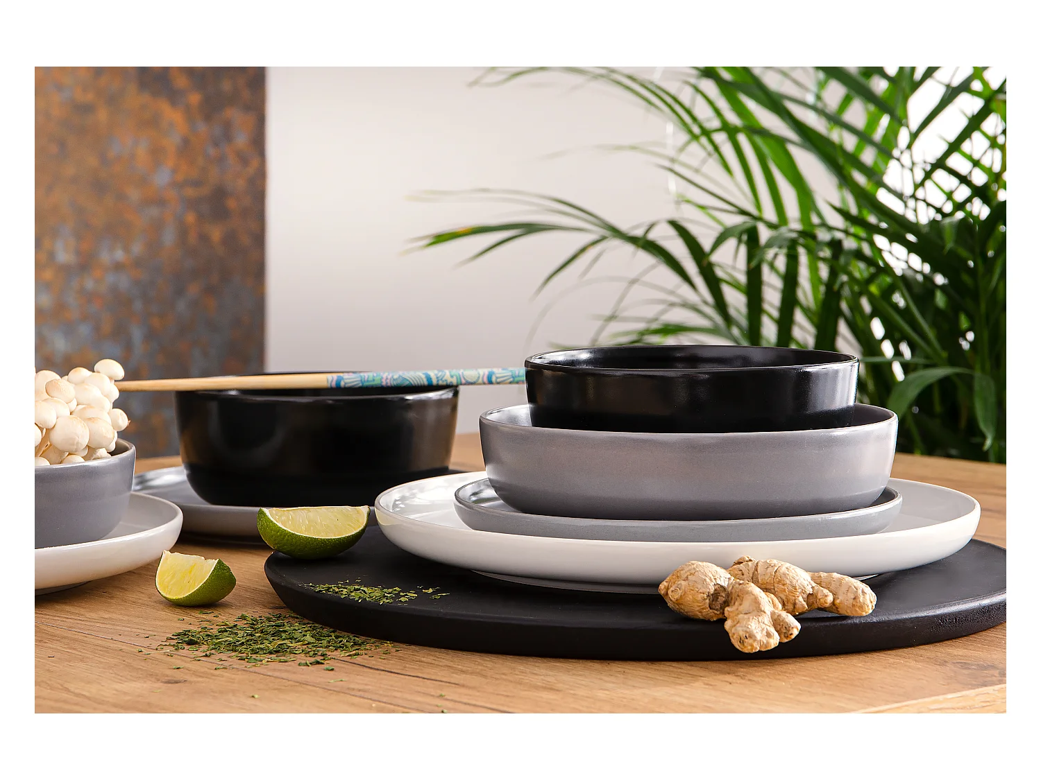 Service de table - Service vaisselle - 6 personnes 24 pièces - Blanc, Noir, Gris - VICTO