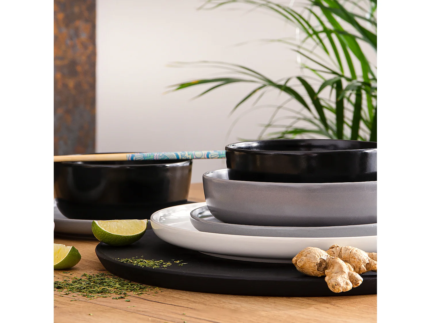 Service de table - Service vaisselle - 6 personnes 24 pièces - Blanc, Noir, Gris - VICTO