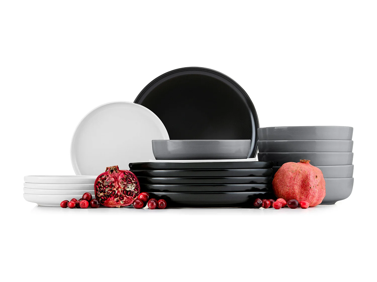 Service de table - Service vaisselle - 6 personnes 18 pièces - Blanc, Noir, Gris - VICTO