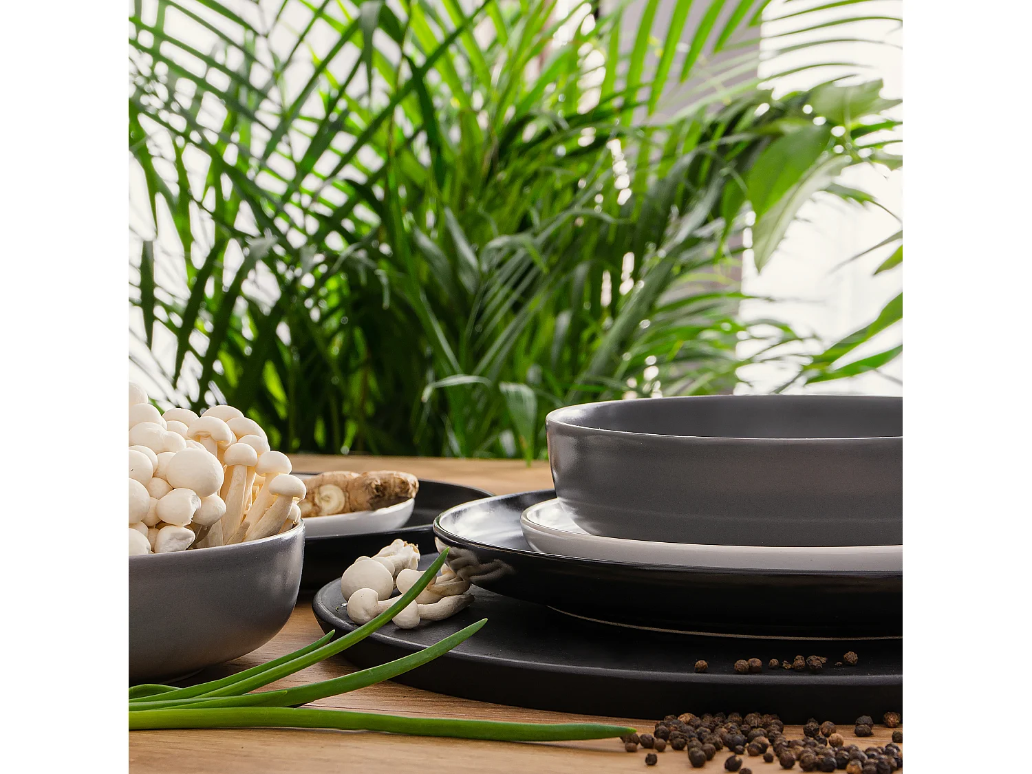 Service de table - Service vaisselle - 6 personnes 18 pièces - Blanc, Noir, Gris - VICTO