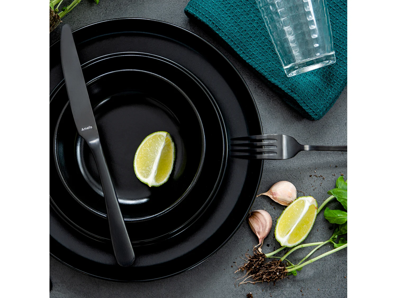 Service de table - Service vaisselle - 6 personnes 18 pièces - Noir - VICTO