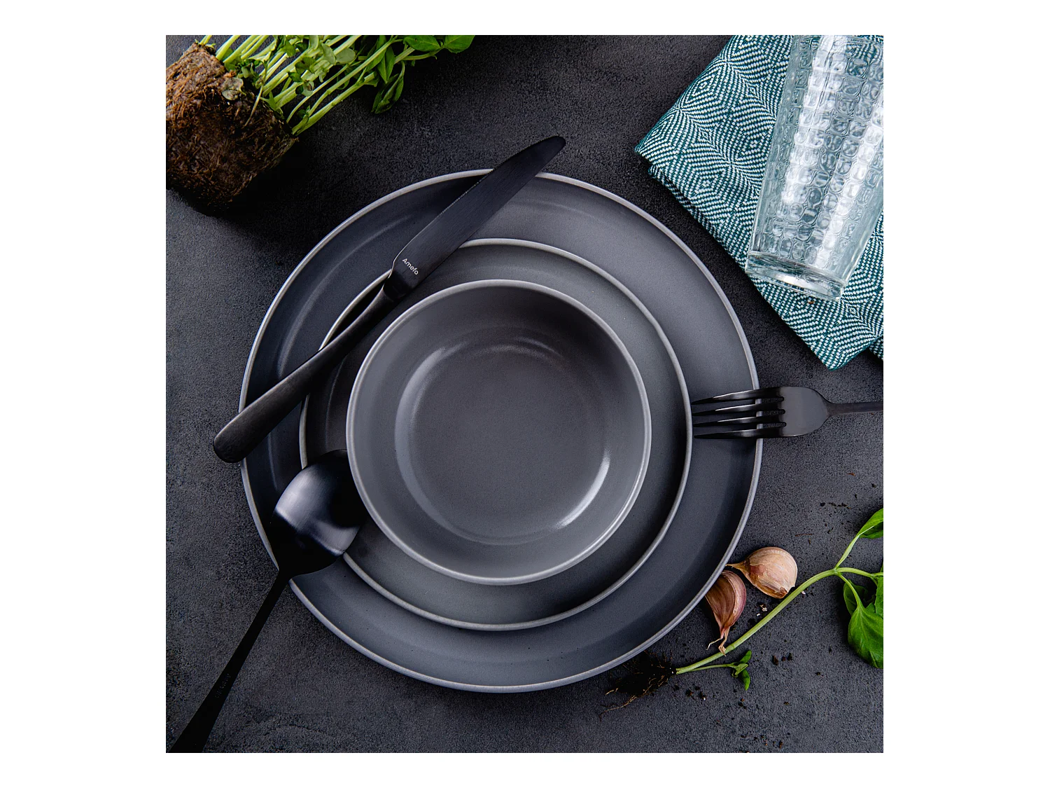 Service de table - Service vaisselle - 6 personnes 24 pièces - Gris - VICTO