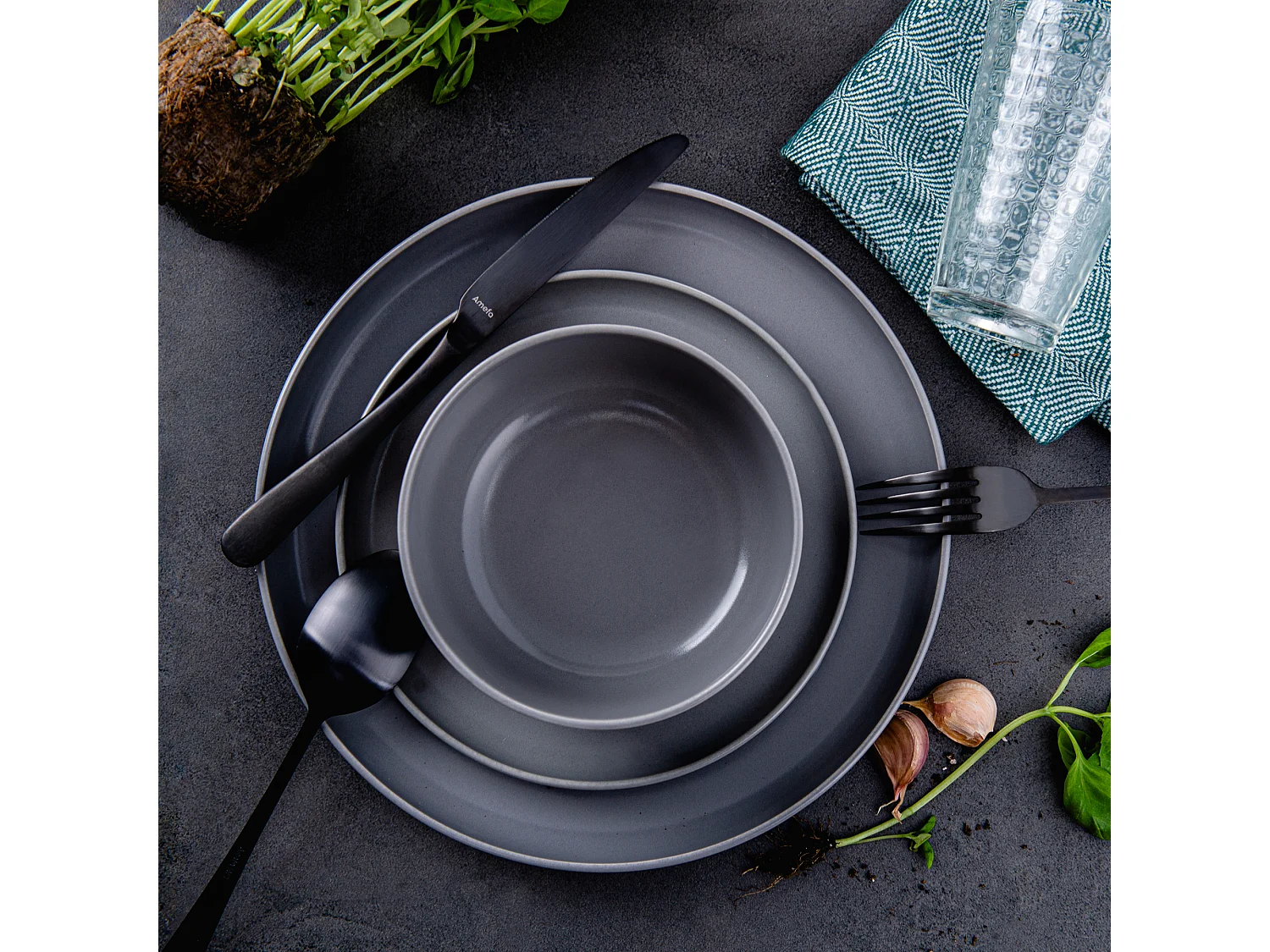 Service de table - Service vaisselle - 6 personnes 24 pièces - Gris - VICTO