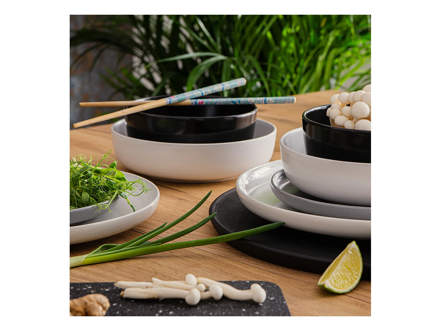 Service de table - Service vaisselle - 6 personnes 24 pièces - Blanc, Noir, Gris - VICTO