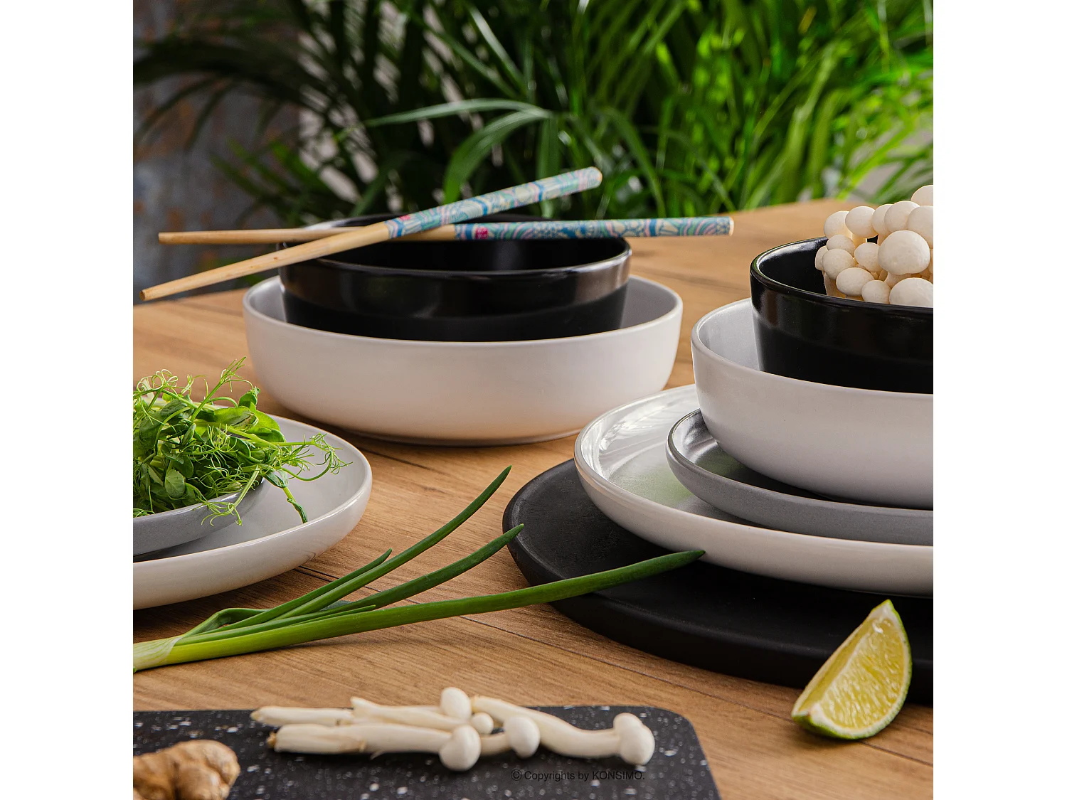 Service de table - Service vaisselle - 6 personnes 24 pièces - Blanc, Noir, Gris - VICTO