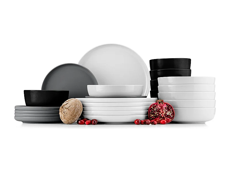 Service de table - Service vaisselle - 6 personnes 24 pièces - Blanc, Noir, Gris - VICTO