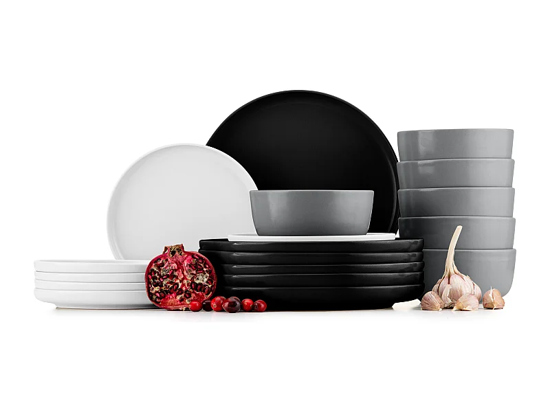 Service de table - Service vaisselle - avec Bol 18 pièces - Blanc, Noir, Gris - VICTO