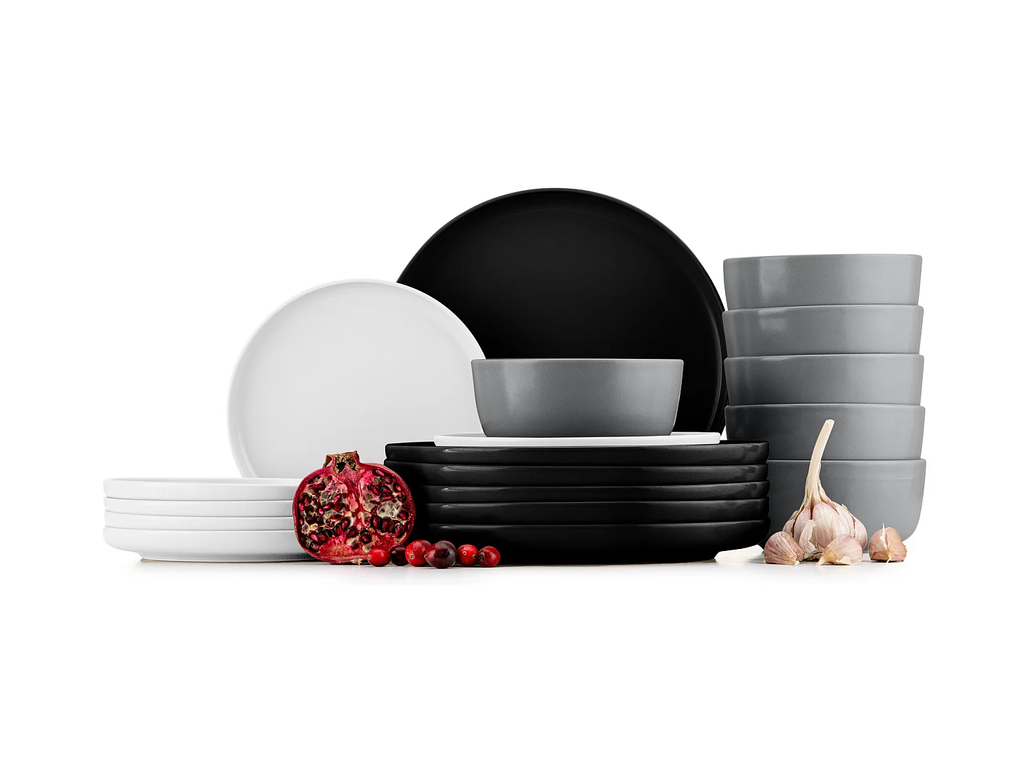 Service de table - Service vaisselle - avec Bol 18 pièces - Blanc, Noir, Gris - VICTO