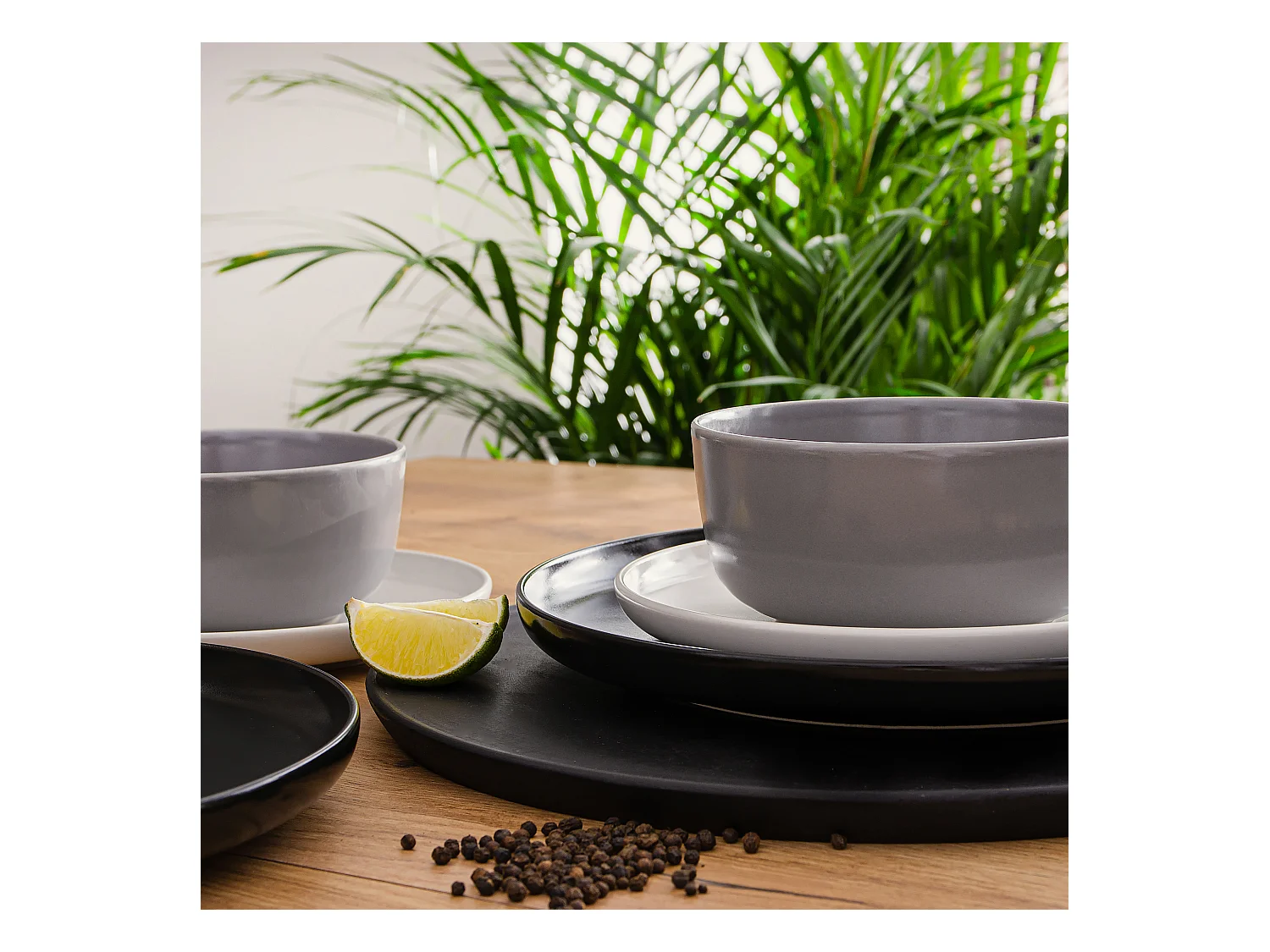 Service de table - Service vaisselle - avec Bol 18 pièces - Blanc, Noir, Gris - VICTO