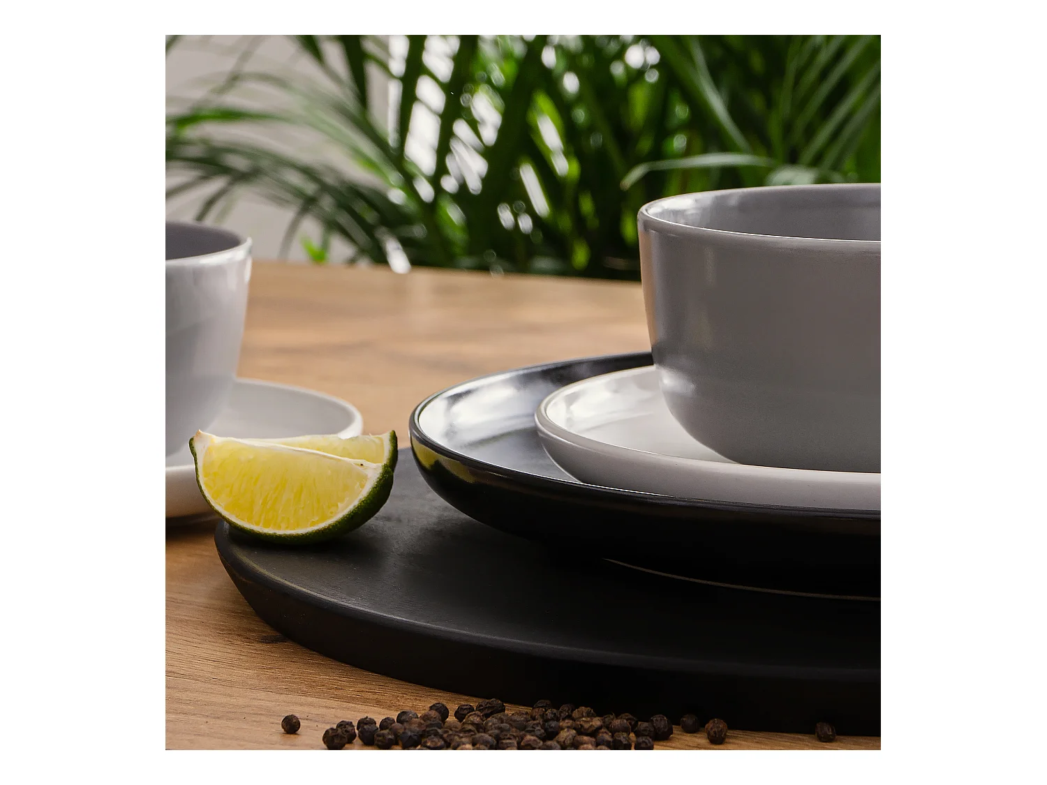 Service de table - Service vaisselle - avec Bol 18 pièces - Blanc, Noir, Gris - VICTO