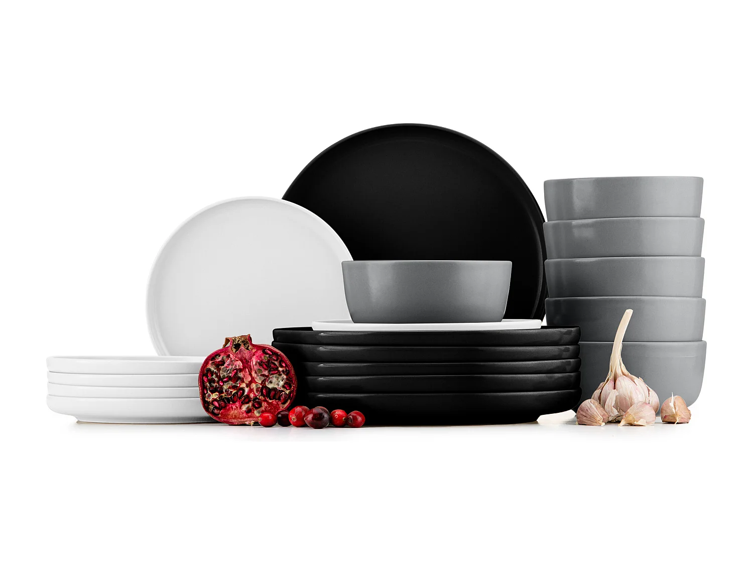 Service de table - Service vaisselle - avec Bol 18 pièces - Blanc, Noir, Gris - VICTO