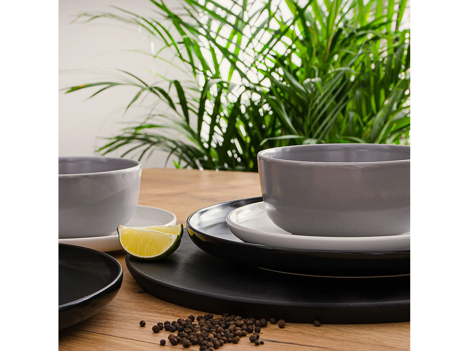 Service de table - Service vaisselle - avec Bol 18 pièces - Blanc, Noir, Gris - VICTO