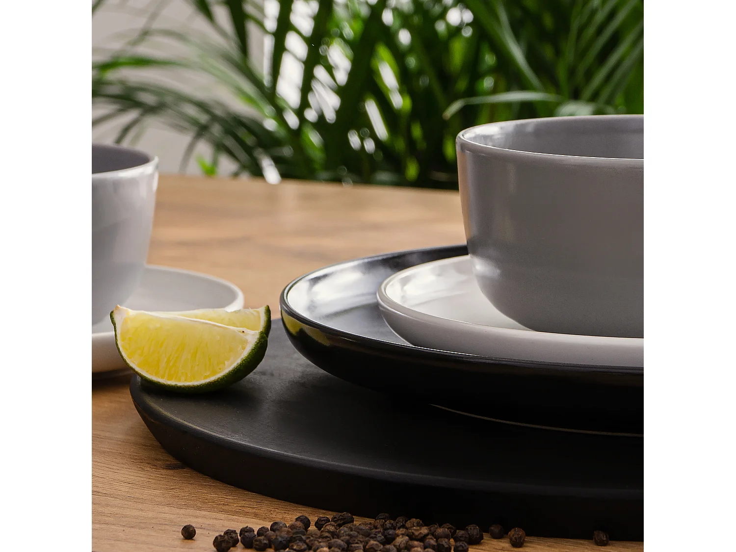 Service de table - Service vaisselle - avec Bol 18 pièces - Blanc, Noir, Gris - VICTO