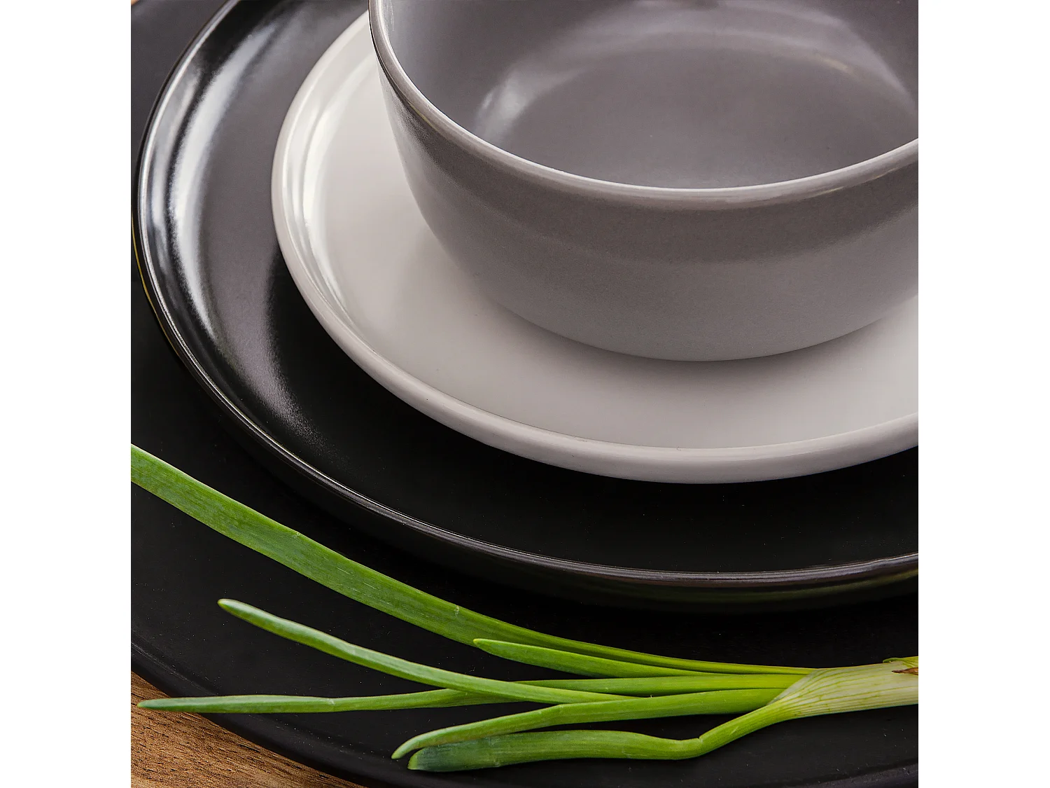 Service de table - Service vaisselle - avec Bol 18 pièces - Blanc, Noir, Gris - VICTO