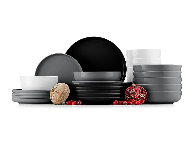 Service de table - Service vaisselle - 6 personnes 24 pièces - Blanc, Noir, Gris - VICTO