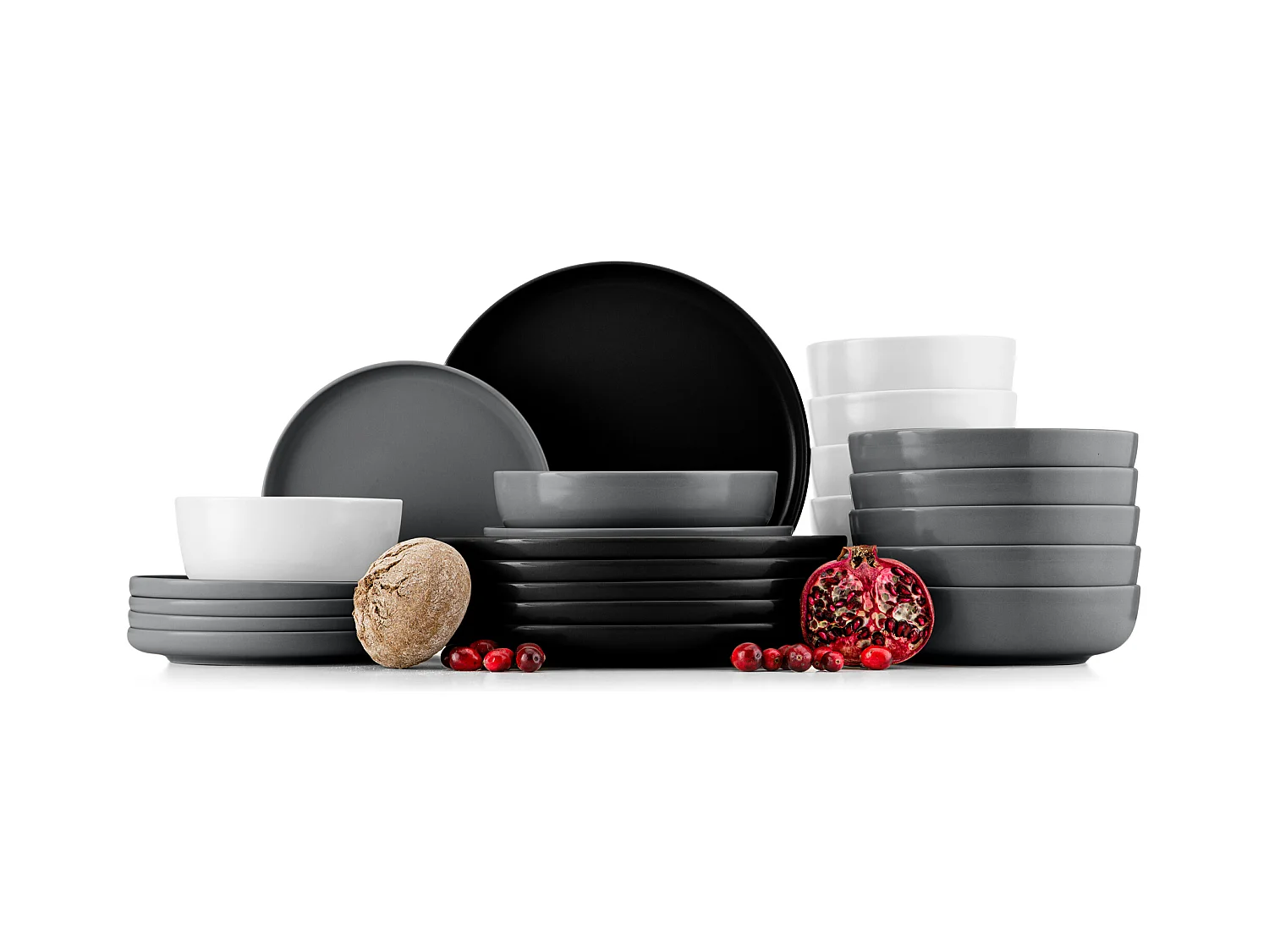 Service de table - Service vaisselle - 6 personnes 24 pièces - Blanc, Noir, Gris - VICTO